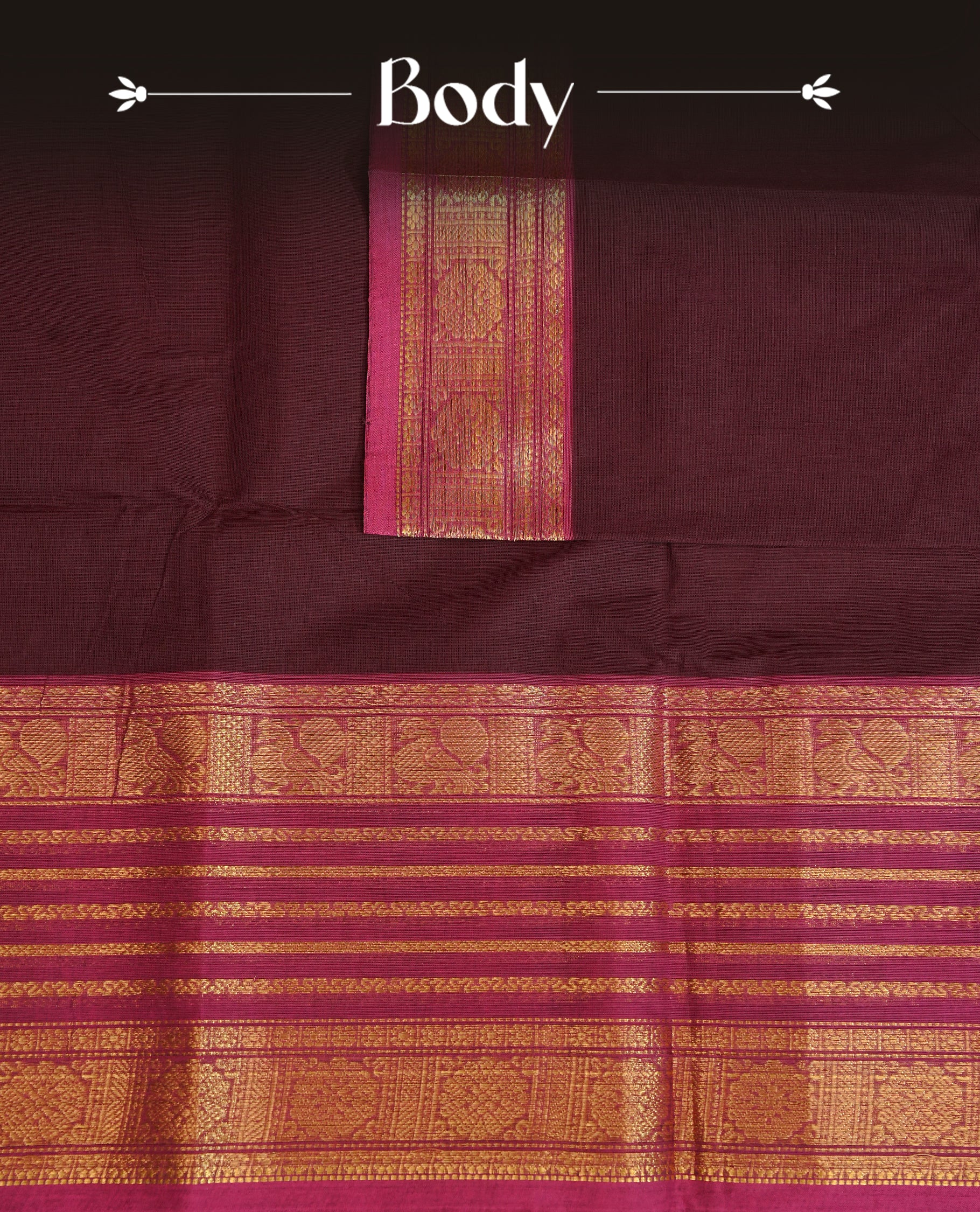Grape colour chettinad cotton saree featuring Elegant plain body, complemented by contrast Magenta colour with gold zari strip & peacock border, comes with matching blouse piece.