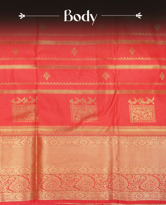 Red colour semi wedding silk saree featuring gold zari with stripes & buttas on body, contrast self colour traditional border on body, rich pallu comes with matching blouse piece