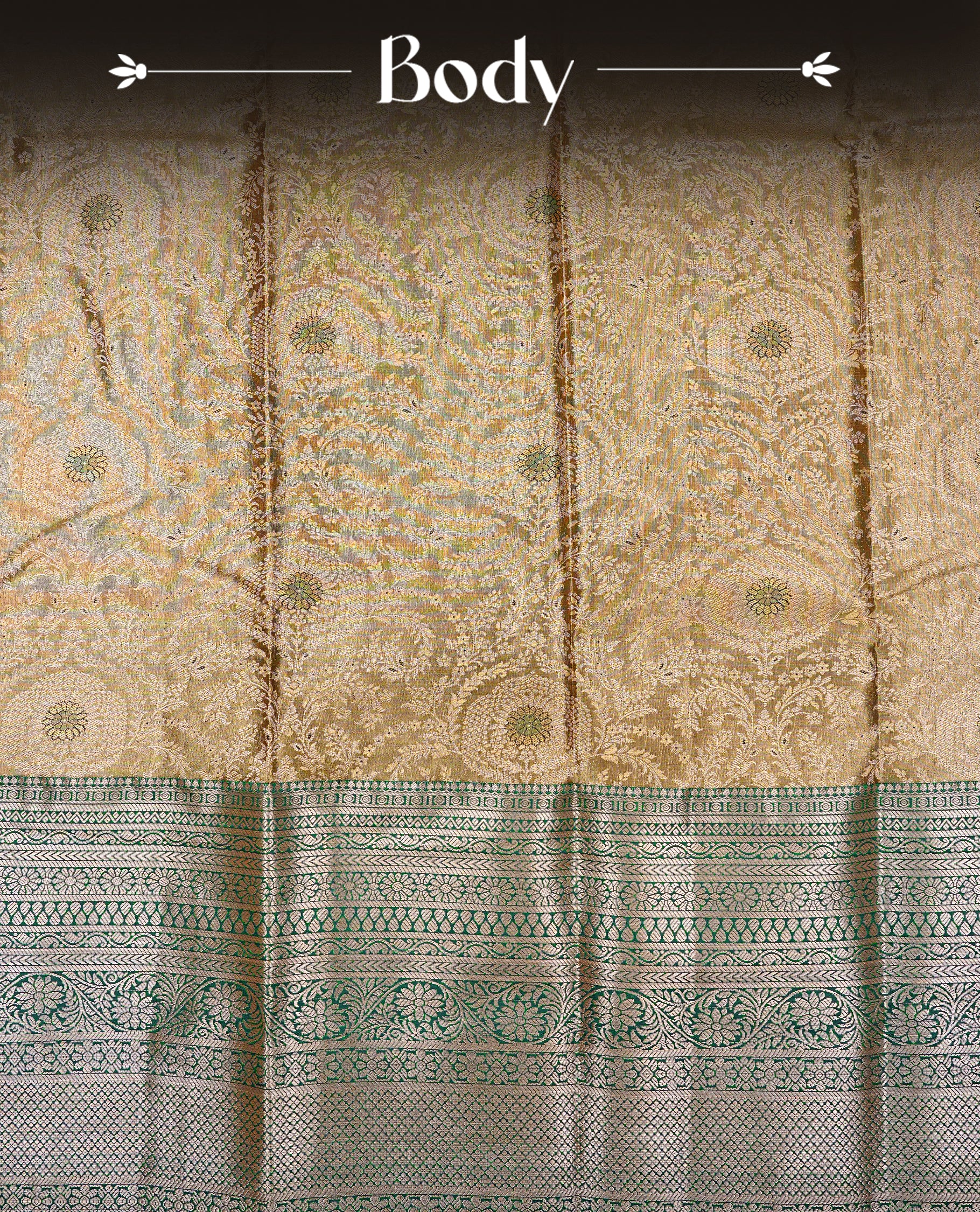Light green & gold colour Double shade Semi tissue silk saree featuring self color floral kodi Pattern on body, Contrast Green colour with traditional border, paired with matching.