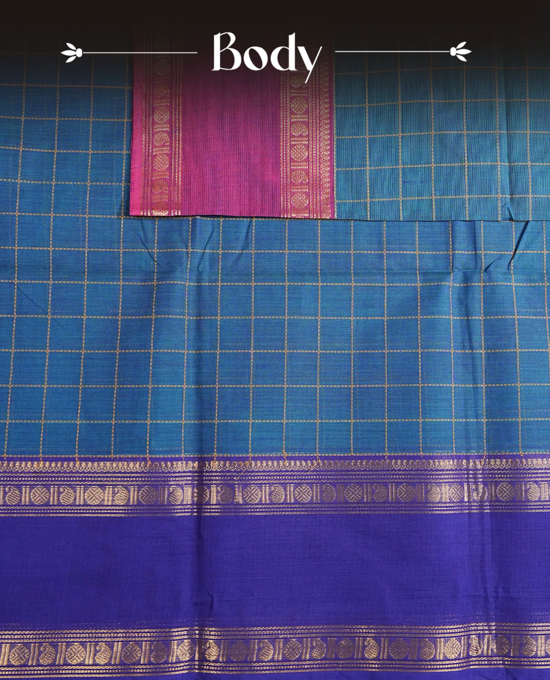 Teal colour chettinad cotton saree Featuring Gold zari Check Pattern on body, complemented by contrast Blue colour with zari border, comes with matching blouse piece.