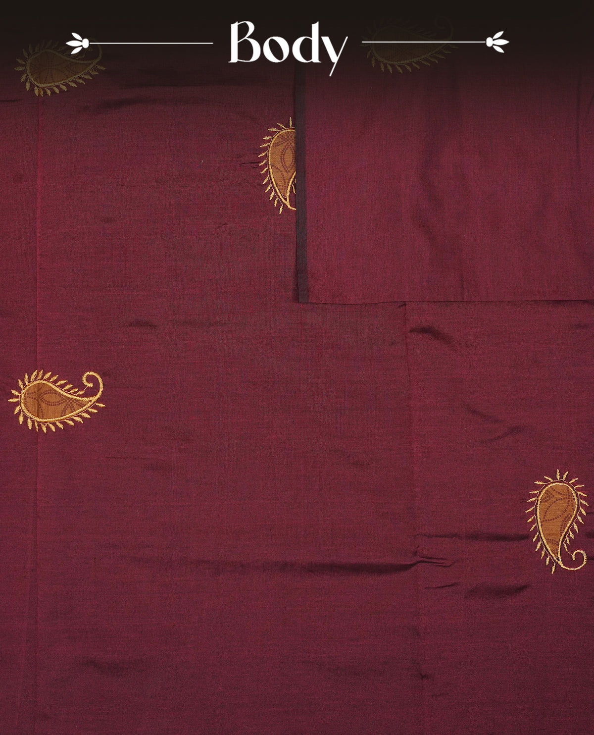 Maroon colour Polycotton Saree featuring elegant Leaf ajrakh designs on the body, complemented by a matching pallu & Paired with a contrasting printed blouse piece