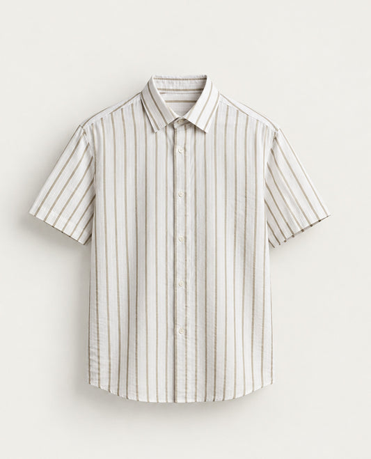 White colour shirt Light Brown colour Strip pattern body, Half sleeve.