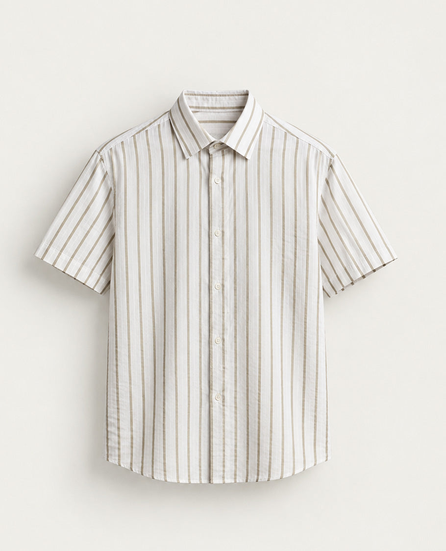 White colour shirt Light Brown colour Strip pattern body, Half sleeve.