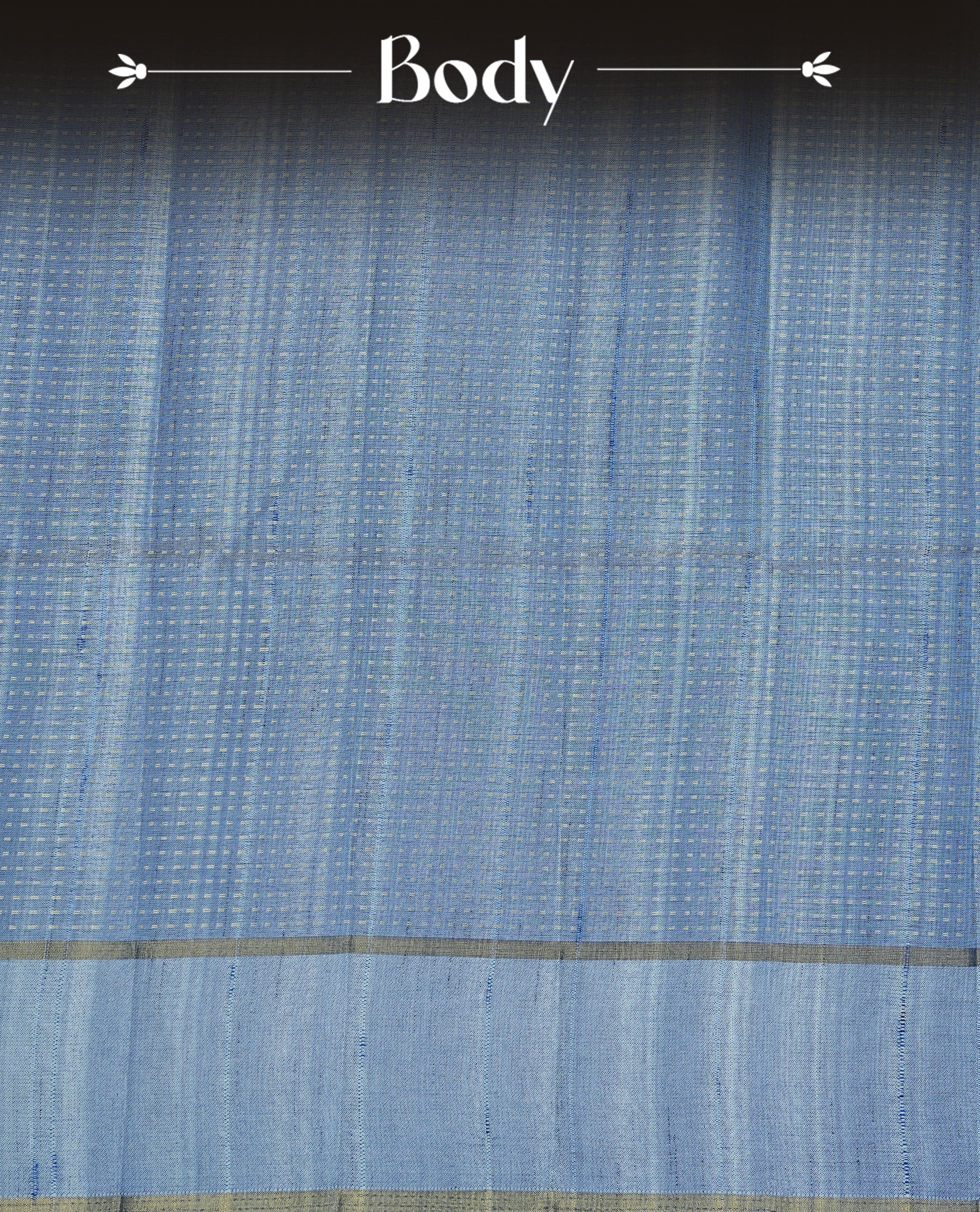 Steel blue colour semi tussar silk saree featuring elegant gold zari dotted stripes across the body, enhanced with a rich zari woven border. Comes with a matching blouse piece.