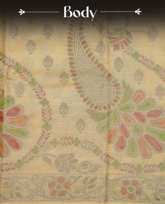 Yellow colour pure tussar silk saree featuring elegant antique zari kodi patterns across the body, designed with a graceful borderless finish for a refined look. Paired with a matching blouse piece.