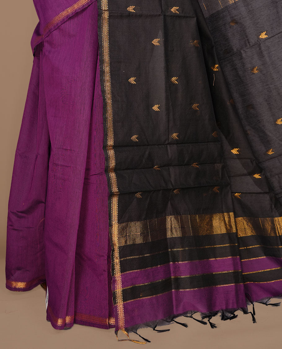Purple colour Maheshwari cotton saree features elegant gold zari motifs across the body, a classic gold zari border, a striking contrast pallu, and a matching blouse piece.