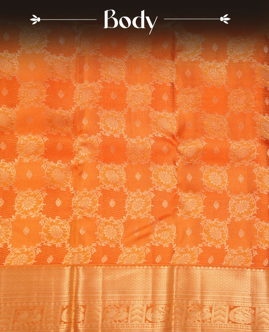 Golden mustard colour kancheepuram silk saree featuring floral meena zari jacquard on body with traditional border, paired with matching blouse piece.