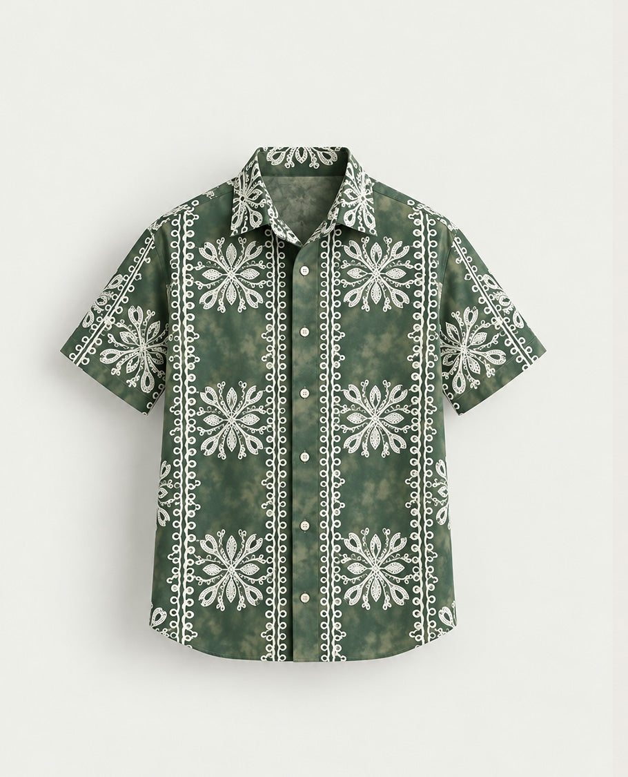 Green Dye colour design shirt with Cream colour pattern print on body, half sleeve.