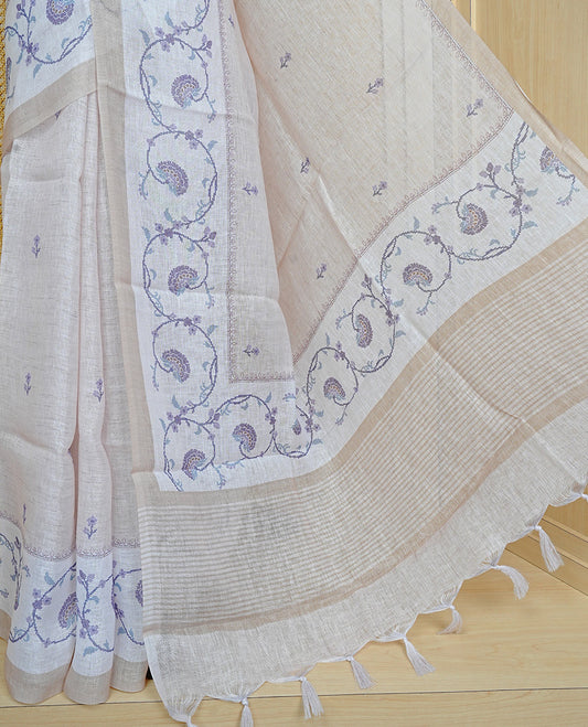 Beige colour semi linen saree featuring floral print on body, complemented by contrast Light gold colour with Design print border, comes with matching blouse piece.