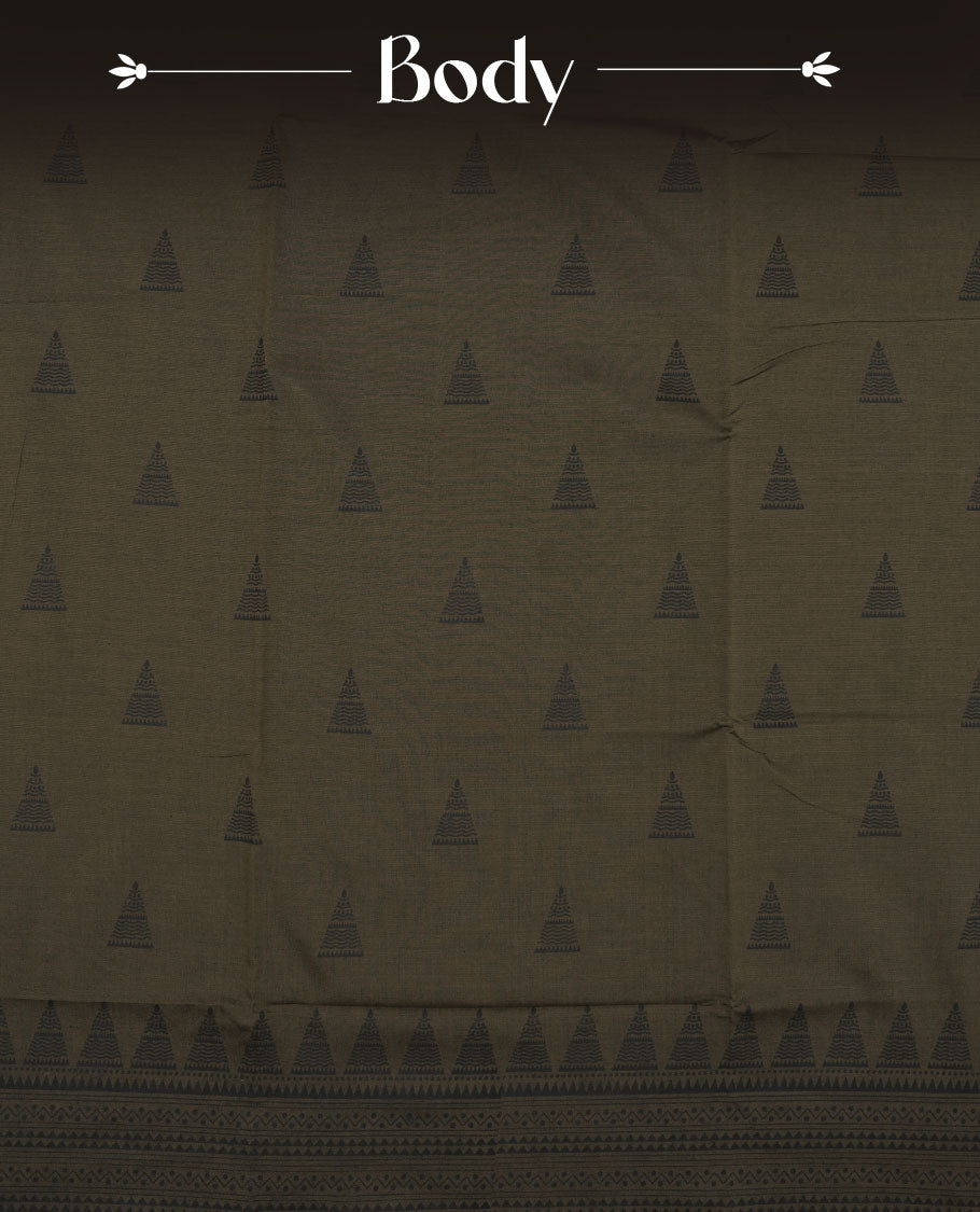 Dark olive brown poly cotton saree with black temple motifs on the body, paired with a matching pallu with black woven traditional border, and a coordinated all‑over geometric printed blouse piece.