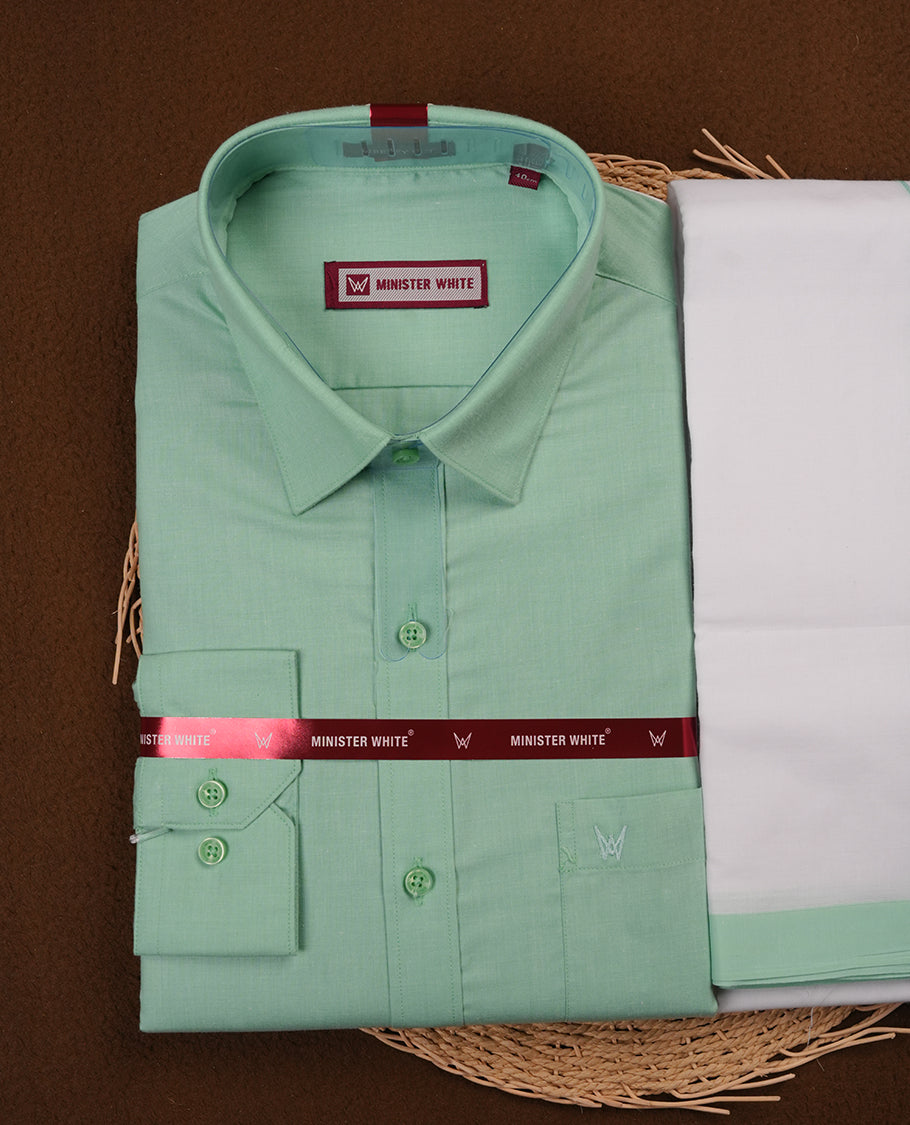 Pastel green Colour MINISTER WHITE shirt paired with a matching dhoti, finished with a Pastel green colour border.