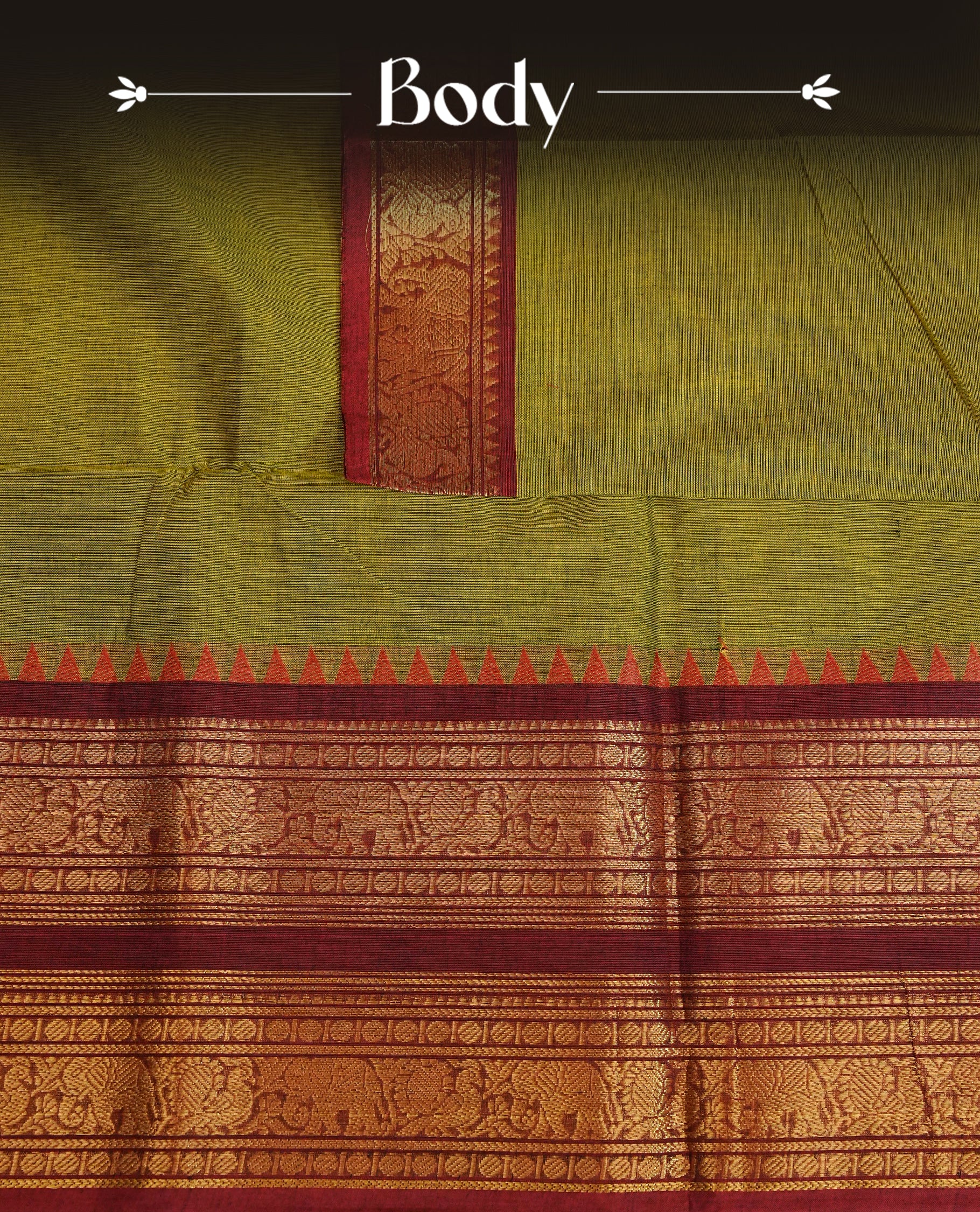 Olive colour chettinad cotton saree featuring Elegant plain body,contrast Maroon colour with Gold zari border, comes with matching blouse piece.