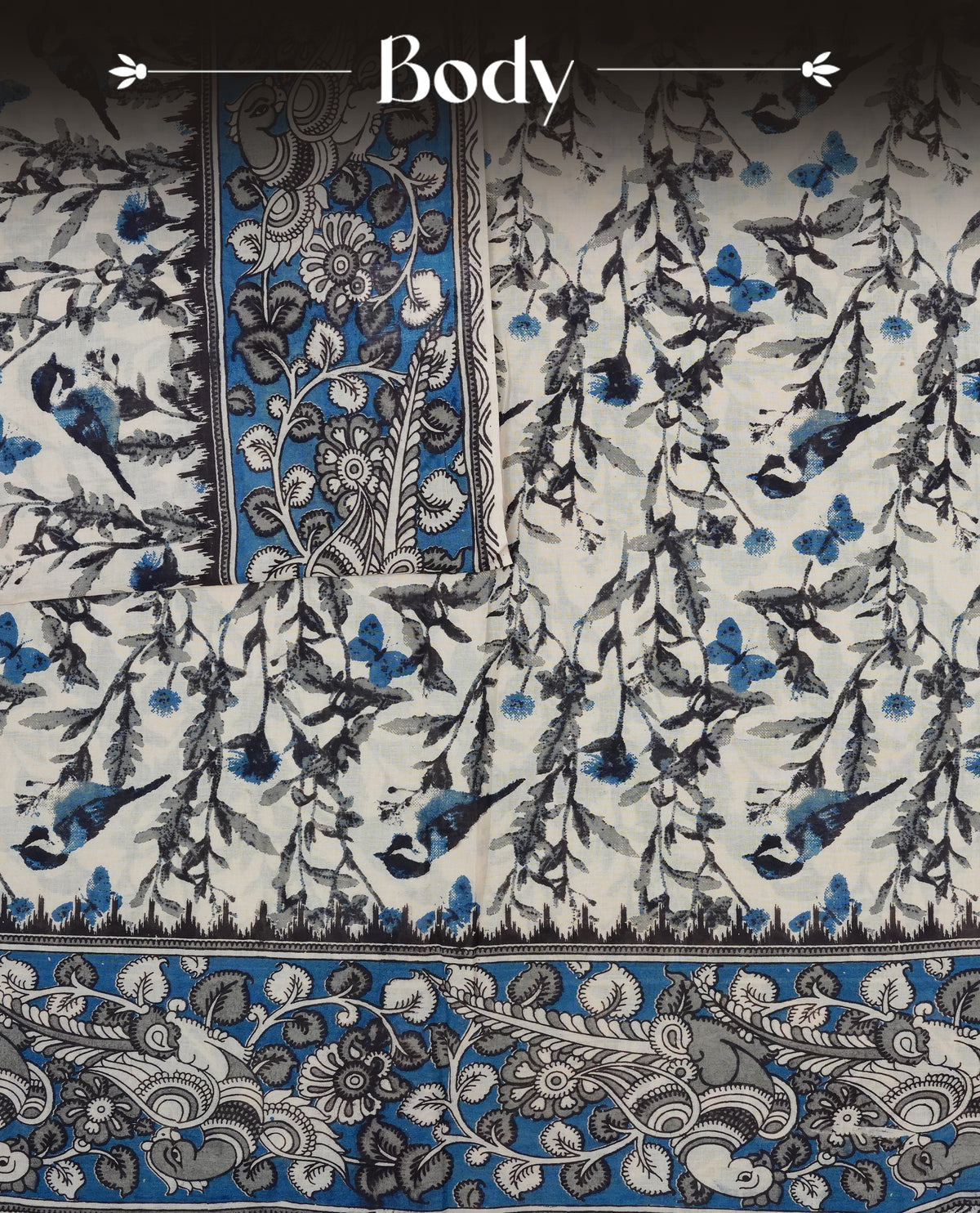Cream & teal blue colour kalamkari cotton saree featuring kalamkari printed body & pallu, paired with a matching  contrast blouse piece.