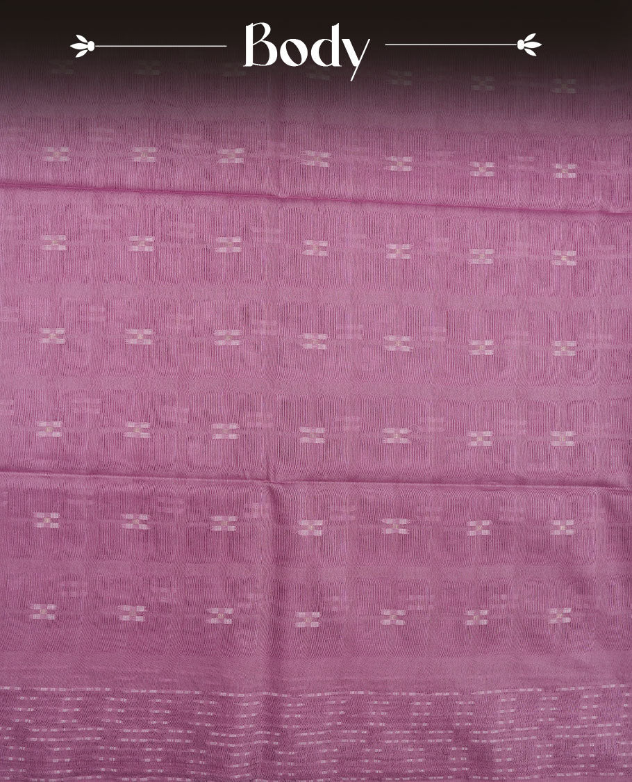 Light lavender colour semi jute saree highlighting white thread motifs on body, without border and paired with matching blouse.