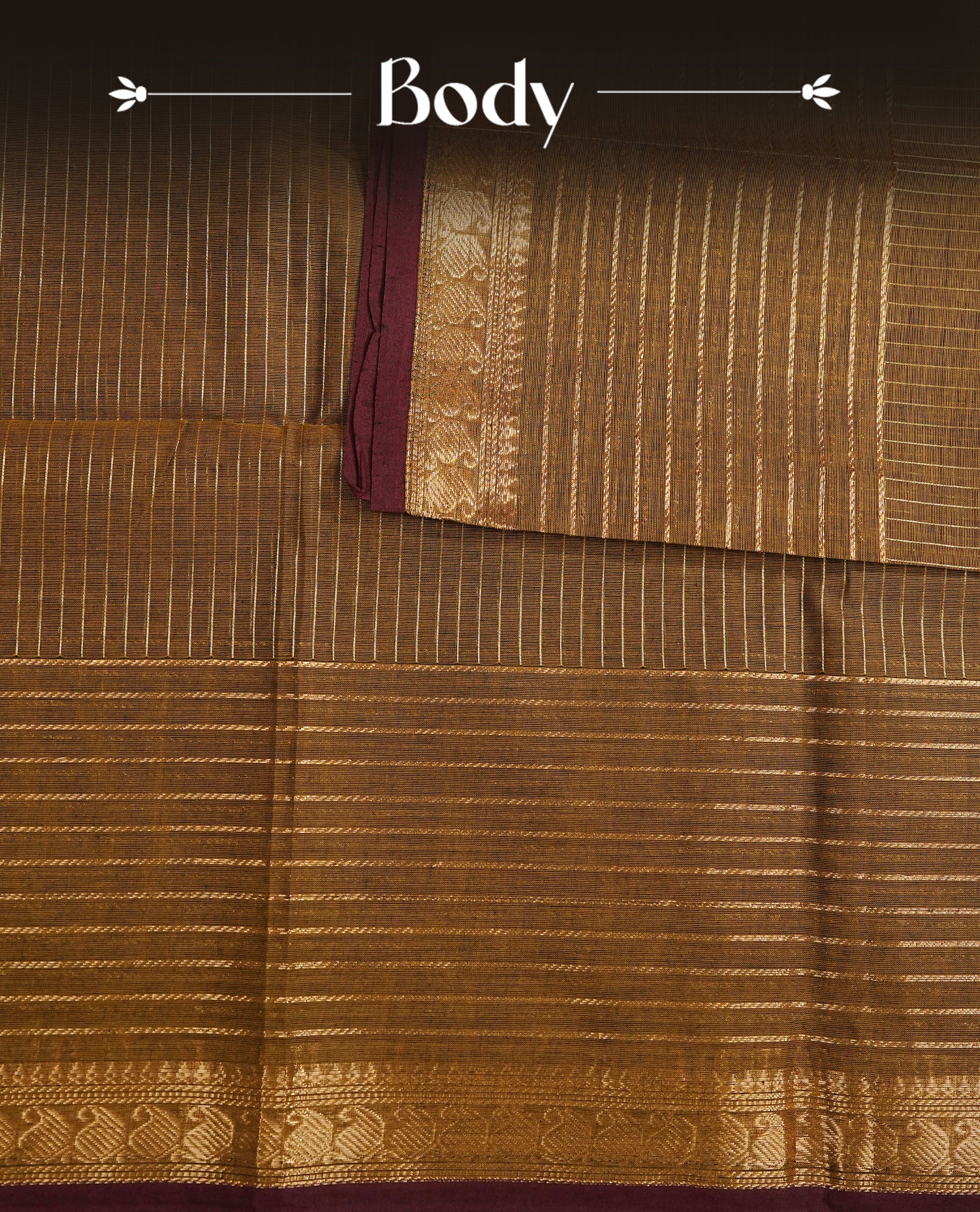 Olive colour chettinad cotton saree featuring gold zari strips body, gold zari Strips border, comes with matching blouse piece.