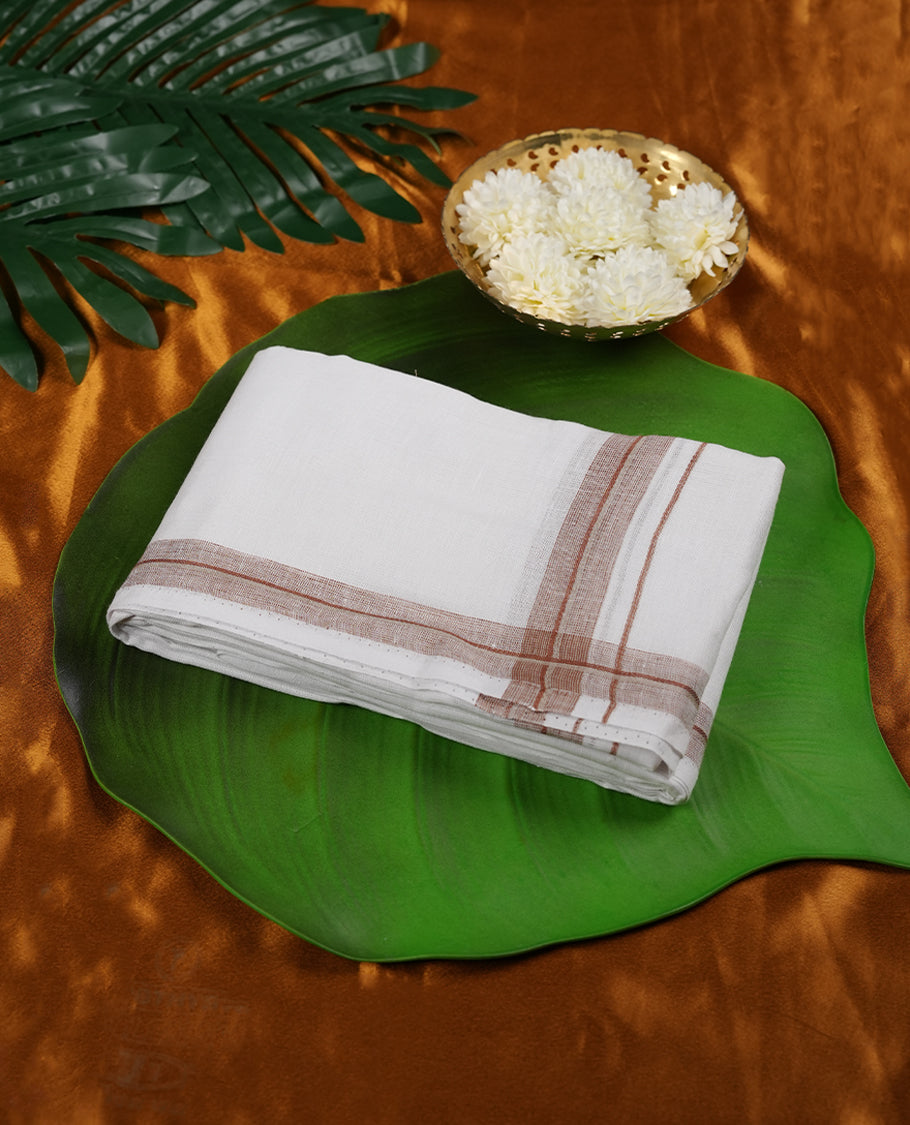 White colour pure linen double Dhoti with brown colour border for men