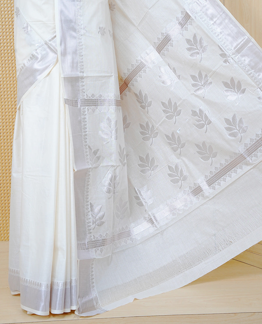 Cream Cotton Kerala Saree with Rose Gold Zari Leaf  Motifs, Rose Gold Zari Leaf Pattern Border and  Pallu, Paired with a Matching Blouse Piece.