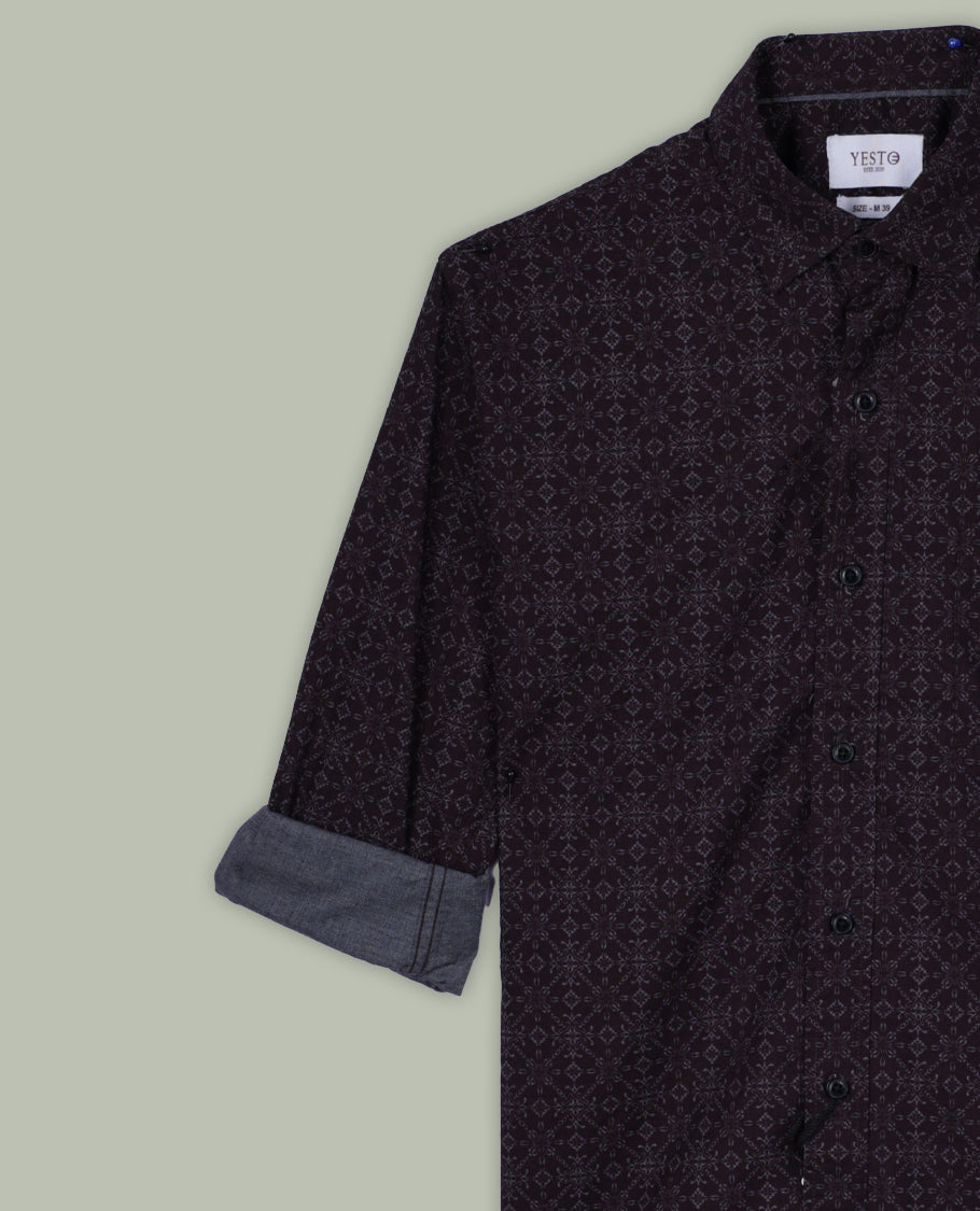 Brown colour shirt with soft floral prints all over, featuring a classic collar and full sleeves for a refined look.