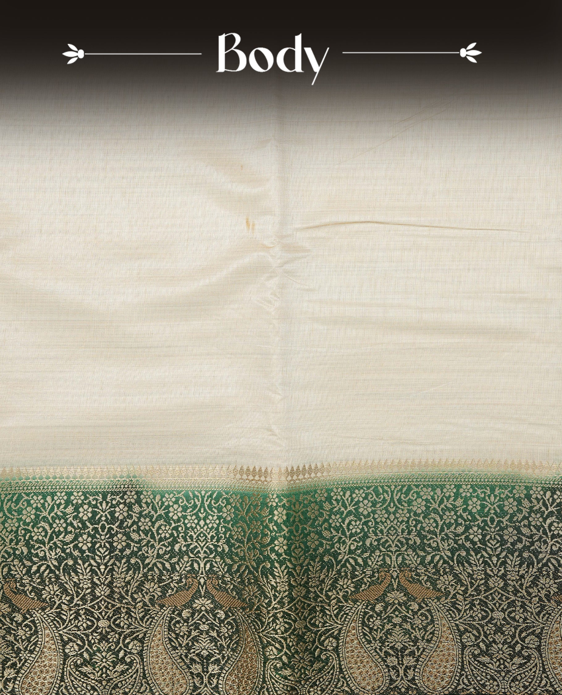 Light gold tussar saree featuring Elegant plain body, complemented by contrast Bottle green colour with Gold zari Floral kodi with Peacock Pattern border, comes with matching blouse piece.