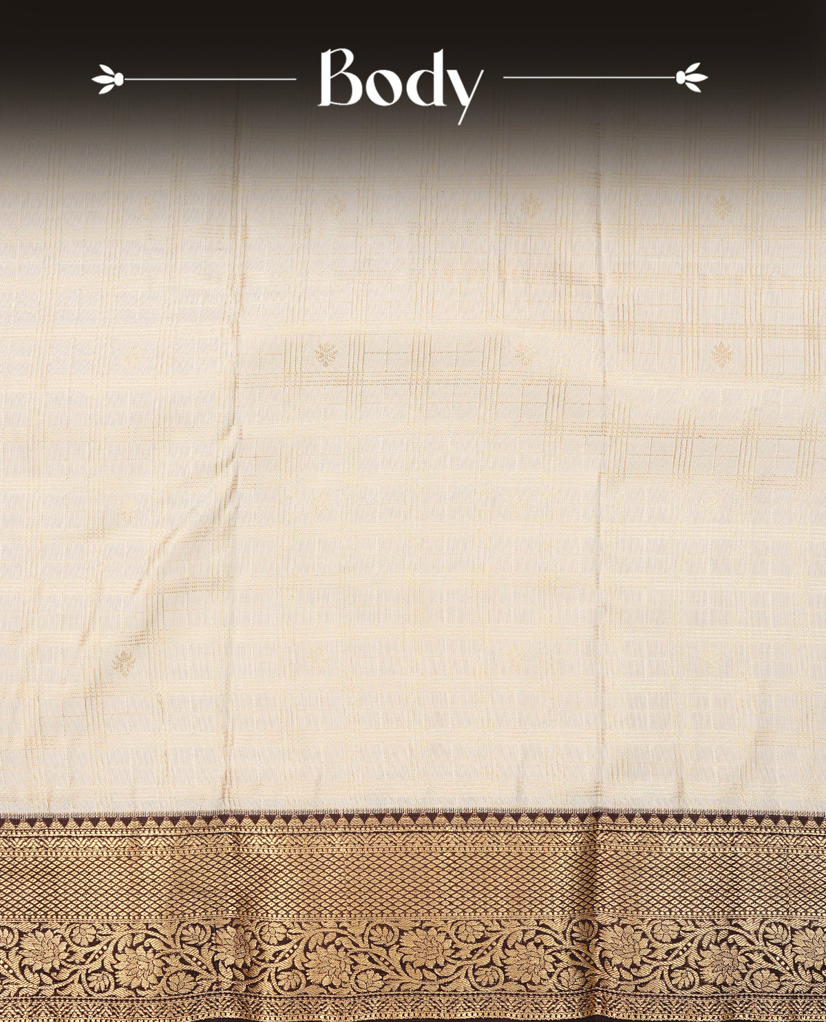 Cream colour semi wedding saree featuring gold zari check with motifs across the body, complemented by dark brown colour with traditional border. Comes with a matching blouse piece.