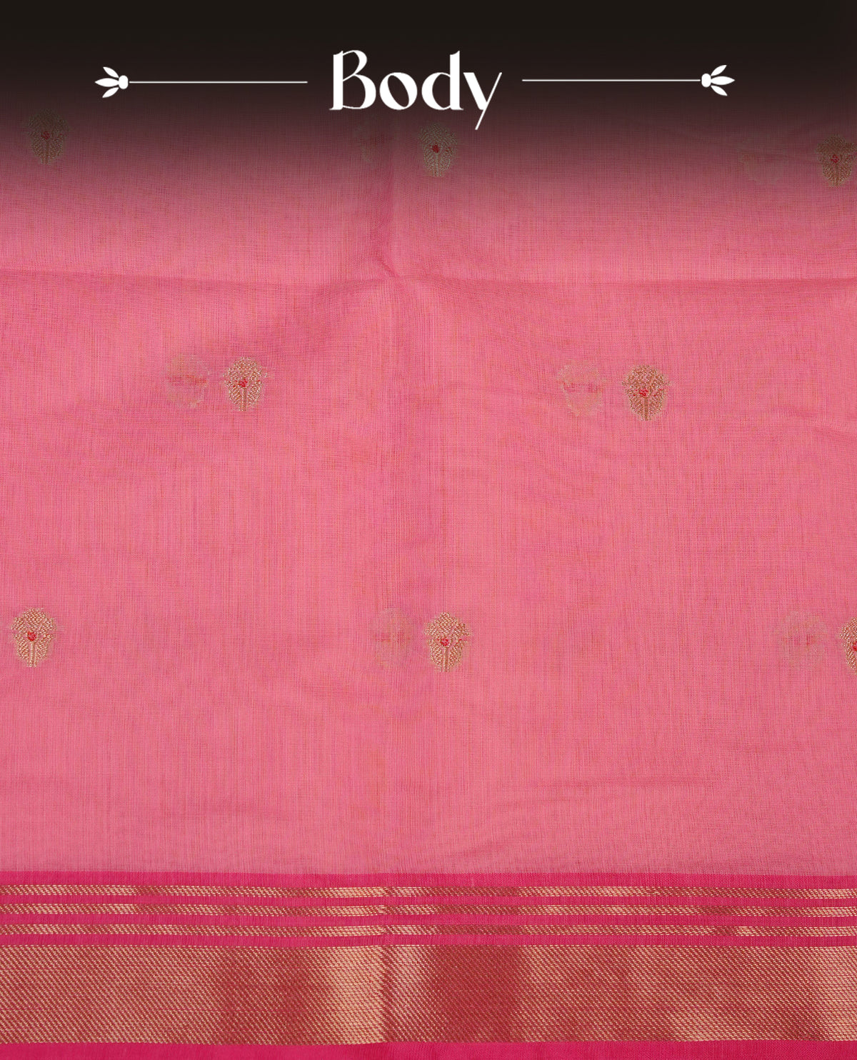 Baby pink colour Maheshwari cotton saree, gold zari floral motifs on body, complement self colour gold zari border comes with matching blouse.