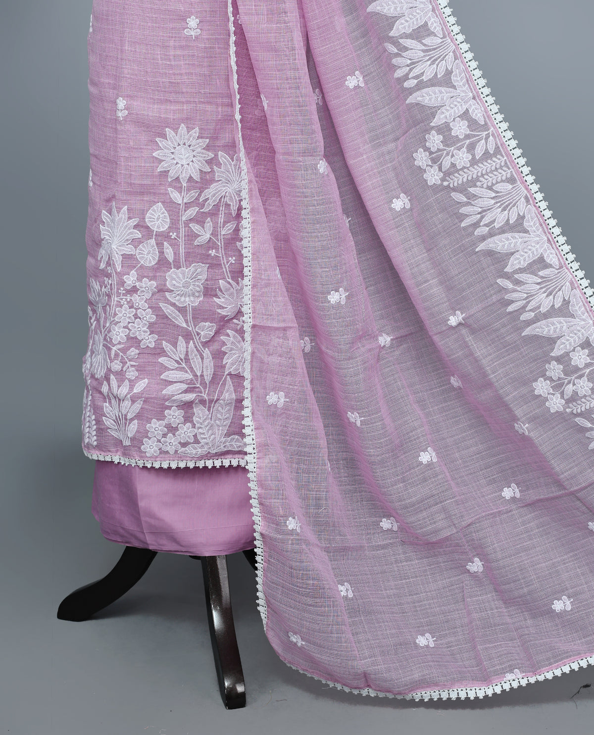 Pastel lavender Colour Kotta Net Salwar Material Featuring Elegant White Floral Thread Embroidery on the Kurta, paired with a matching bottom & beautifully embroidered Dupatta.