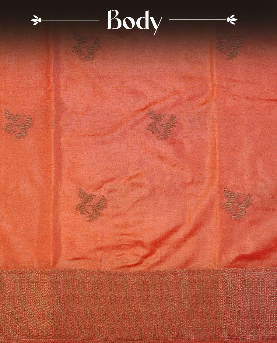 Brick red colour semi banaras tussar silk saree highlighting gold zari bird motifs on body, complemented by self colour with antique zari border, paired with matching blouse piece.