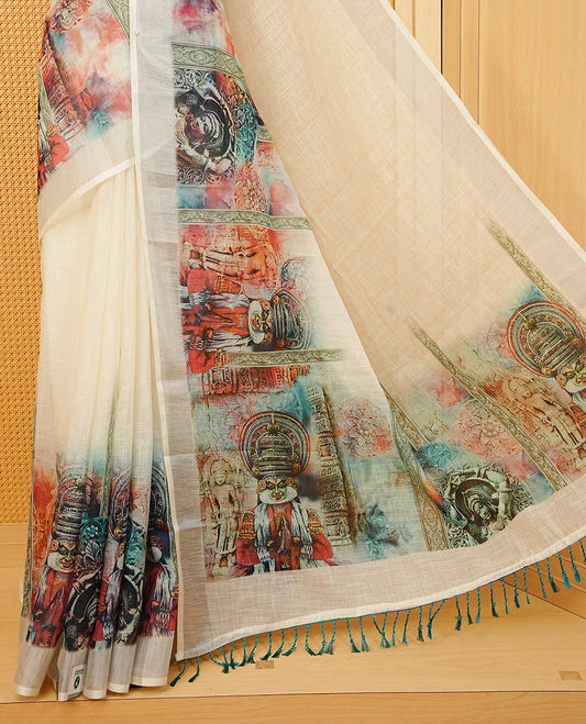 Off white Semi Linen Saree featuring One side Teal Indian Cultural Painting print, silver tissue border, comes with Matching blouse piece with same unique Pattern.