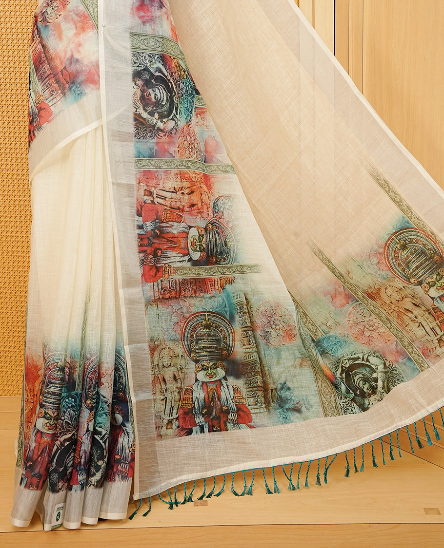 Off white Semi Linen Saree featuring One side Teal Indian Cultural Painting print, silver tissue border, comes with Matching blouse piece with same unique Pattern.