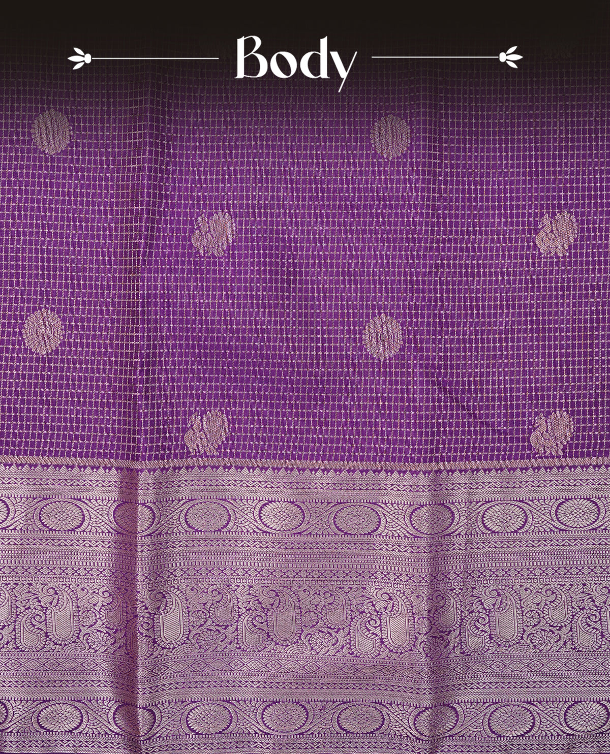 Deep purple colour semi wedding saree featuring gold zari check with peacocok motifs on body complemented by self colour with traditional border, comes with matching blouse piece.