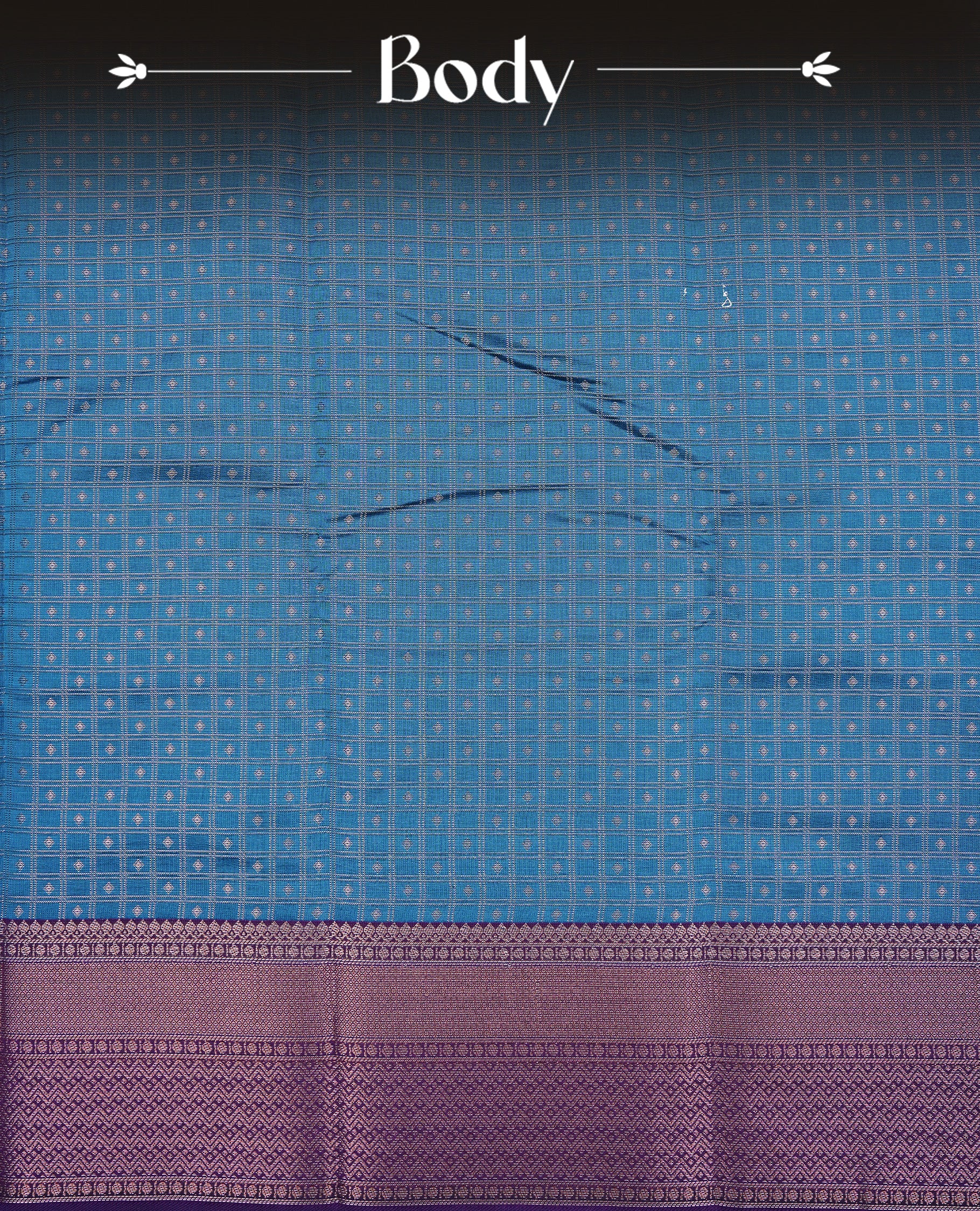 Teal Colour Semi wedding silk saree Featuring Silver Zari Check across Body, Complemented by Contrast Purple Colour With traditional Border, paired with matching blouse Piece.