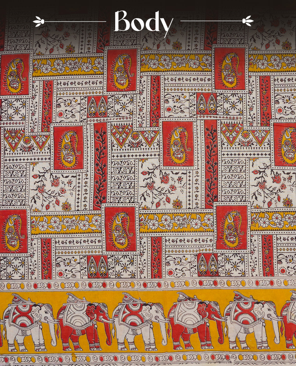 Cream , mustard yellow & red colour kalamkari cotton saree featuring kalamkari printed body & pallu, paired with a matching  contrast blouse piece.