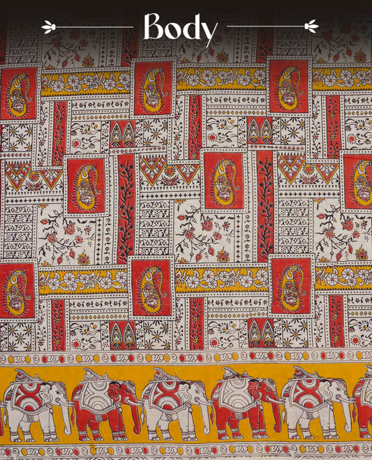 Cream , mustard yellow & red colour kalamkari cotton saree featuring kalamkari printed body & pallu, paired with a matching  contrast blouse piece.