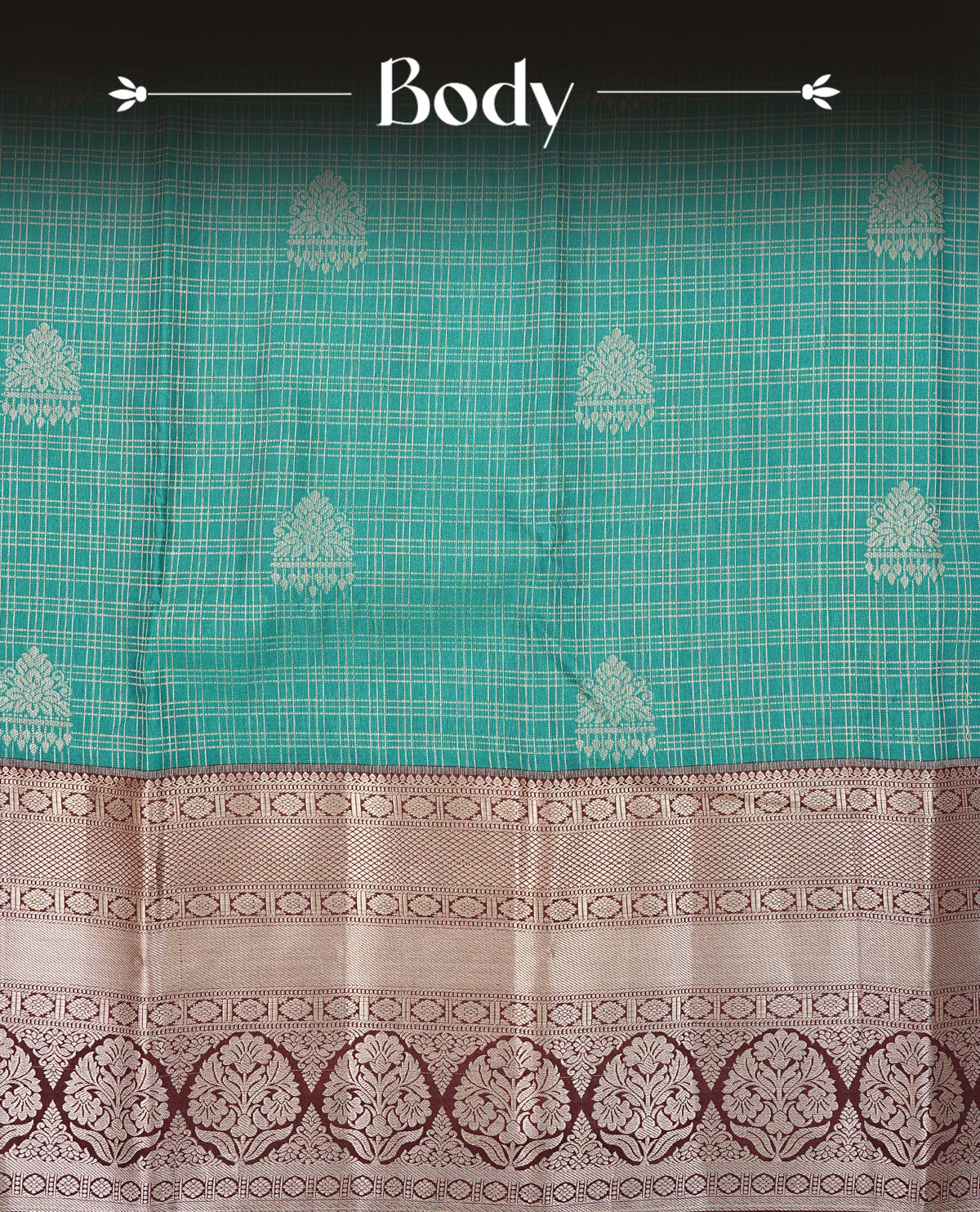 Green colour semi wedding saree featuring gold zari check with  motifs on body complemented by contrast chocolate colour with traditional border, comes with matching blouse piece.