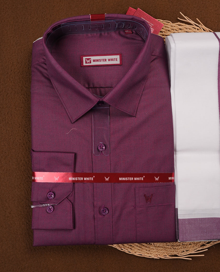 Deep purple Colour MINISTER WHITE shirt paired with a matching dhoti, finished with a Deep purple colour border.