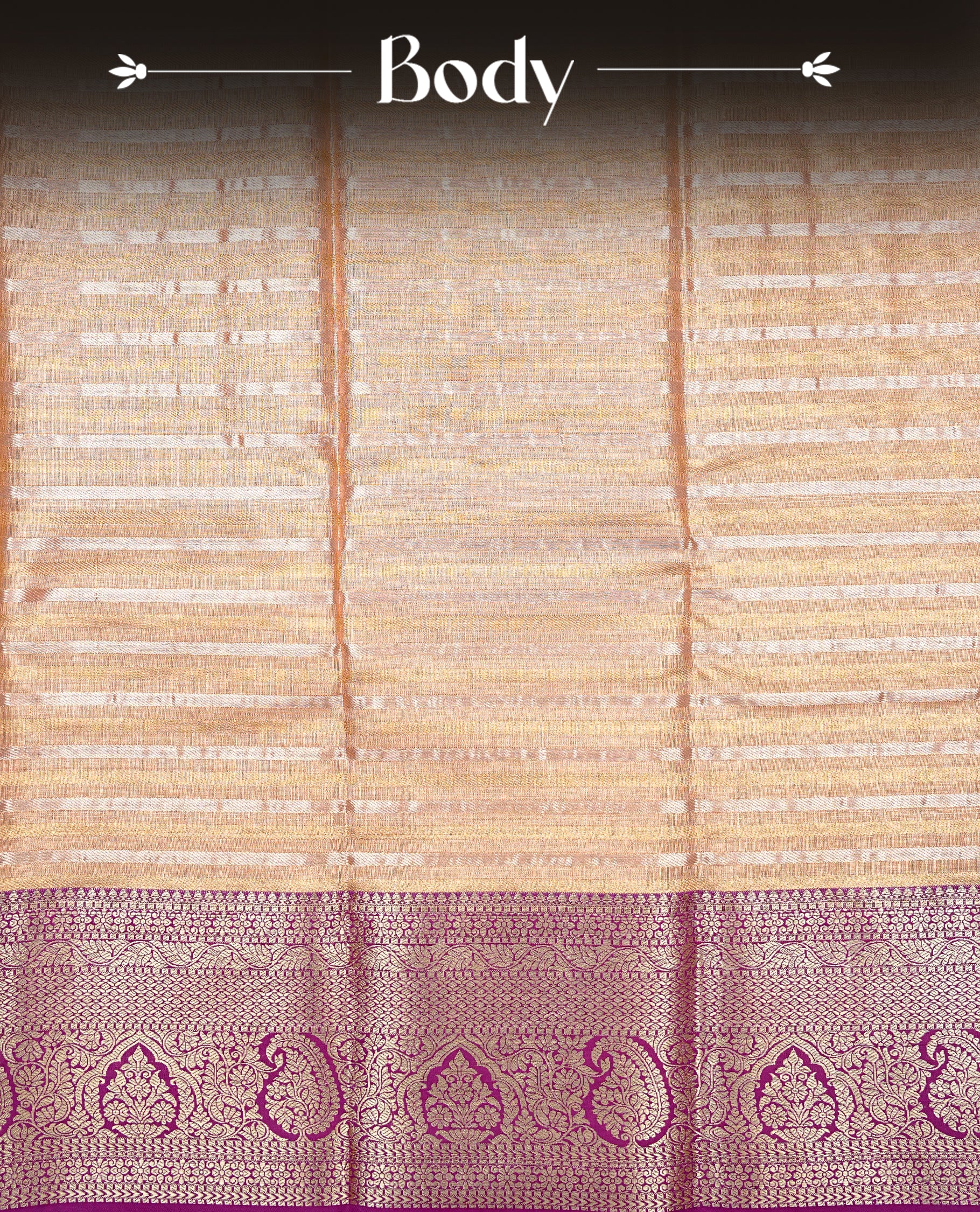 Golden colour Semi tissue silk saree featuring gold & silver Stripes on body, Contrast Purple colour with traditional border, paired with matching.