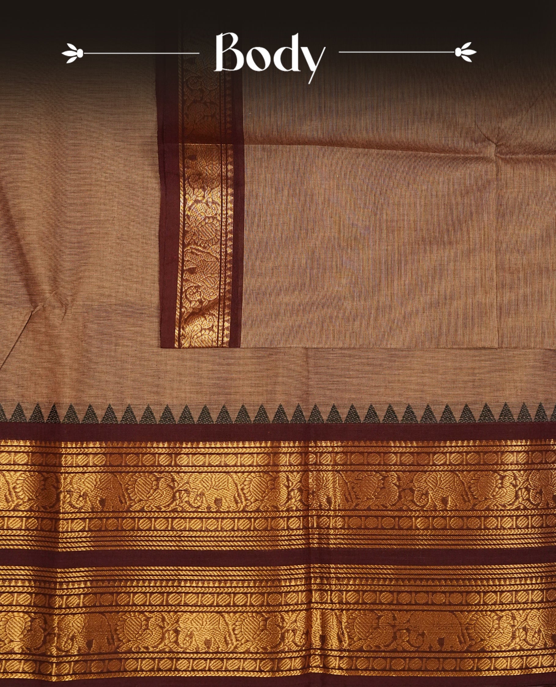 Grey colour chettinad cotton saree featuring Elegant plain body, complemented by contrast maroon colour with gold zari border, comes with matching blouse piece.