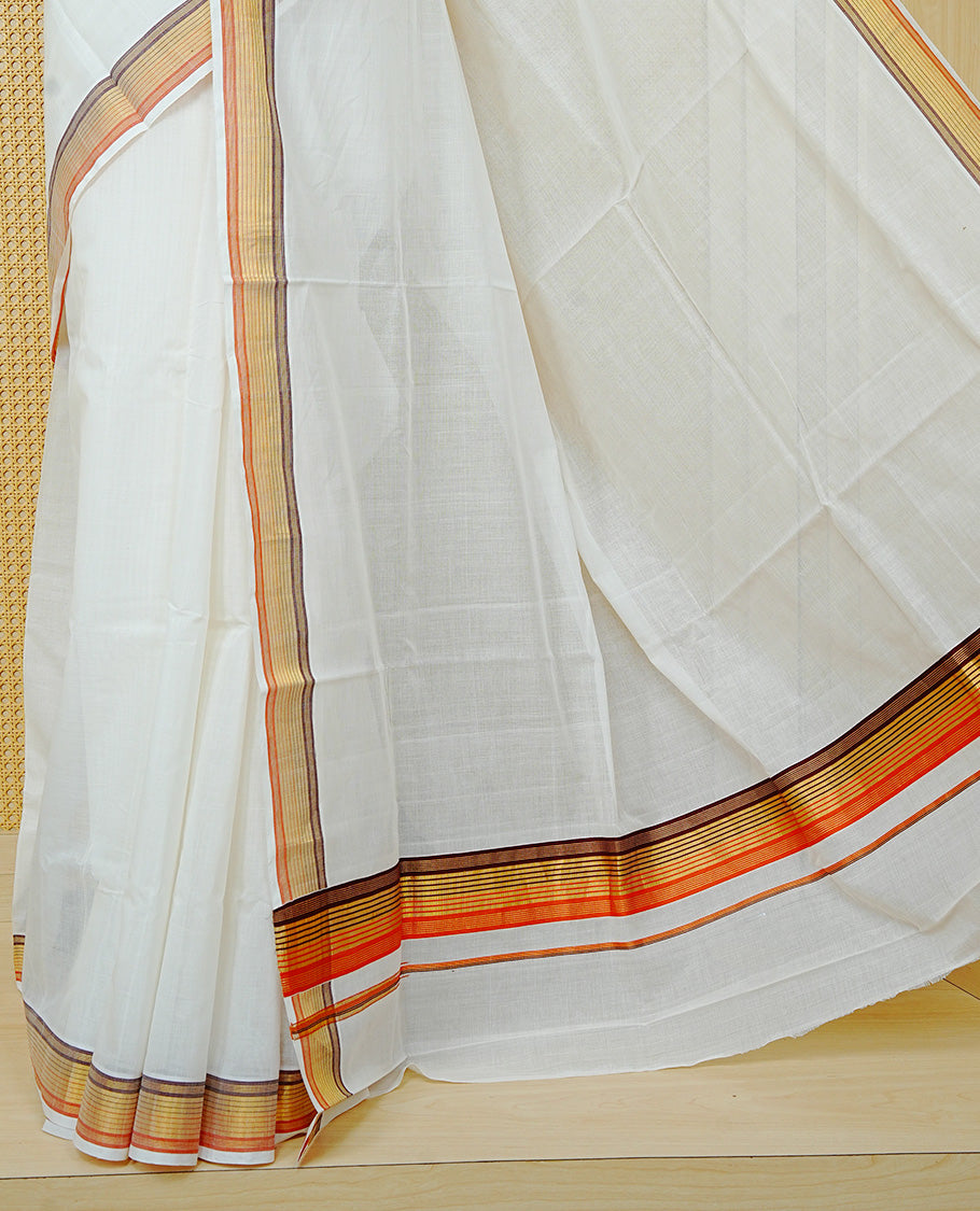 Cream colour Cotton kerala saree featuring Classy Plain body, complemented by Gold with Brown  & Orange zari border & Pallu, paired with matching blouse piece.