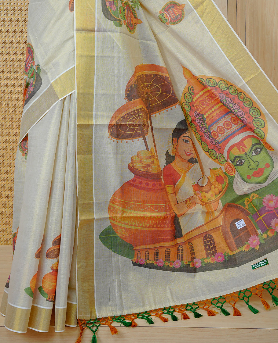 Cream Colour Tissue Kerala  Saree Featuring A Digital Onam Theme At Body &  Pallu, Paired With A Matching Blouse Piece.