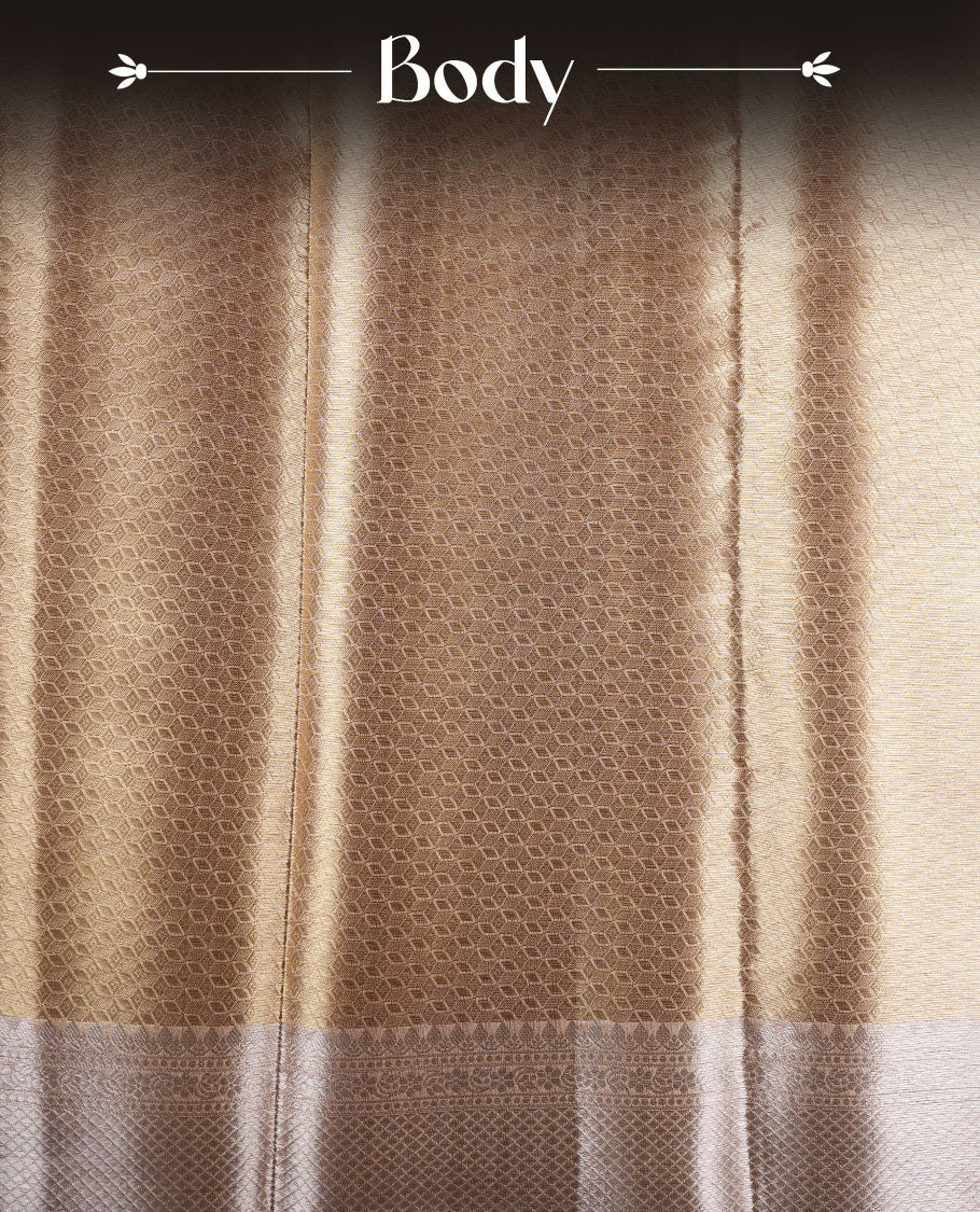 Dark Gold colour Pure banaras tissue silk saree featuring gold zari brocade design across body, with contrast peach colour with silver zari brocade border, finished with a matching blouse.