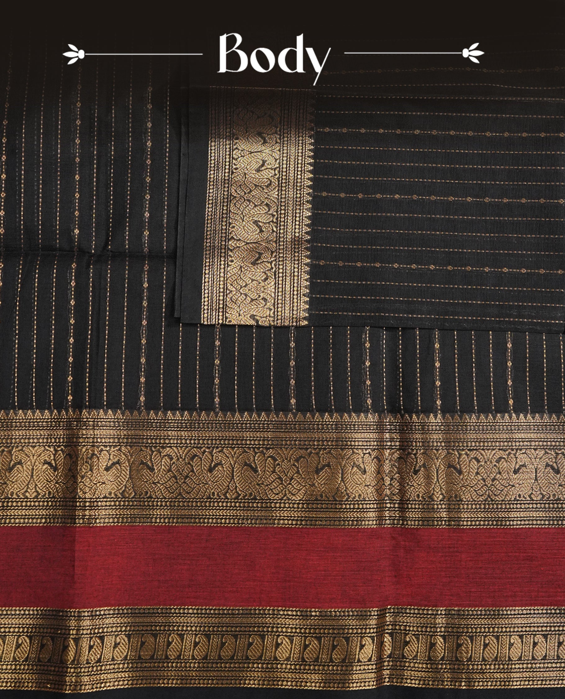 Black colour chettinad cotton saree Featuring Gold zari Strips on body, complemented by contrast Maroon colour with zari border, comes with matching blouse piece.