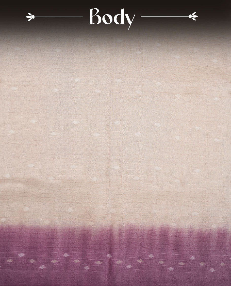 Cream & Purple dye pattern colour semi jute saree highlighting white stripped body, without border and paired with matching blouse.