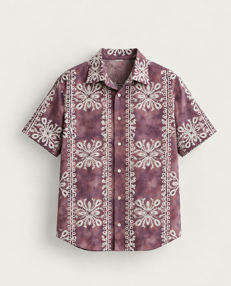 Purple Dye colour design shirt with Cream colour pattern print on body, half sleeve