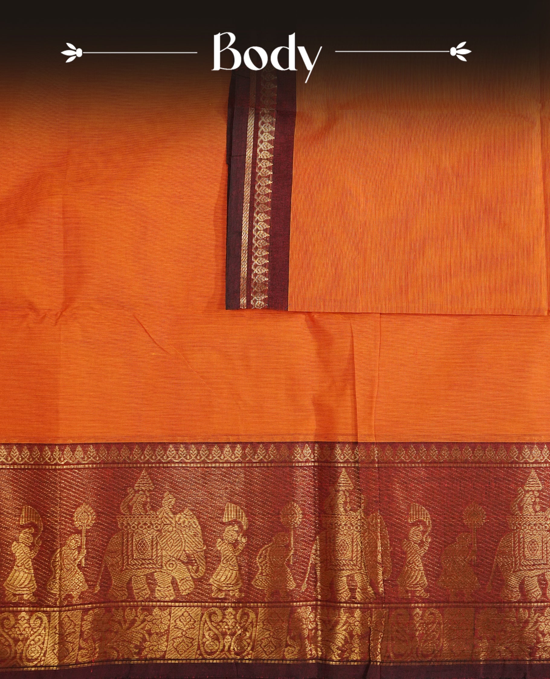 Rust Orange Colour Chettinad Cotton Saree Featuring a Plain Body, Complemented by a Maroon Colour Border with Traditional Gold Zari and a Contrast Colour Striped Pallu, Paired with a Matching Blouse Piece.