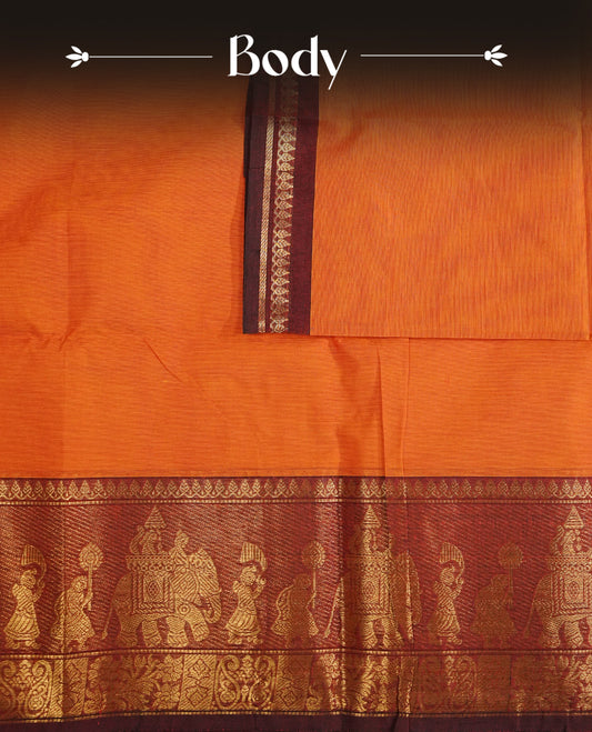 Rust Orange Colour Chettinad Cotton Saree Featuring a Plain Body, Complemented by a Maroon Colour Border with Traditional Gold Zari and a Contrast Colour Striped Pallu, Paired with a Matching Blouse Piece.
