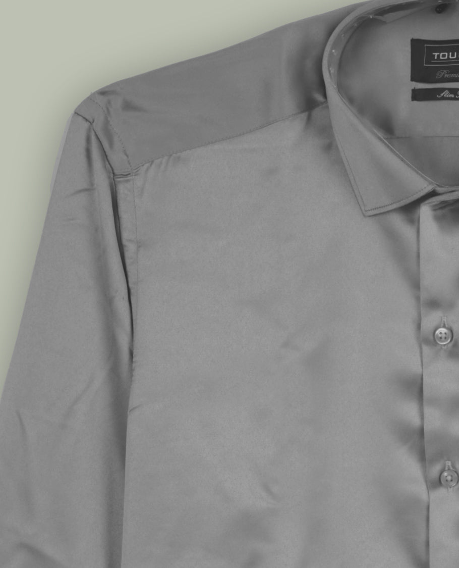 Pastel grey colour satin shirt with a smooth, lustrous finish, Features a classic collar, full sleeves with cuffs, and a front pocket & Perfect for evening wear or special occasions with a sleek, polished look.