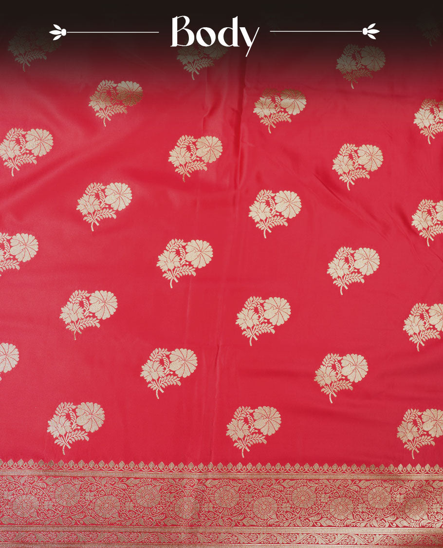 Bright red colour Banaras Satin Crepe saree featuring gold zari floral motifs on the body, a richly woven traditional border with intricate gold zari detailing, and paired with a matching blouse.