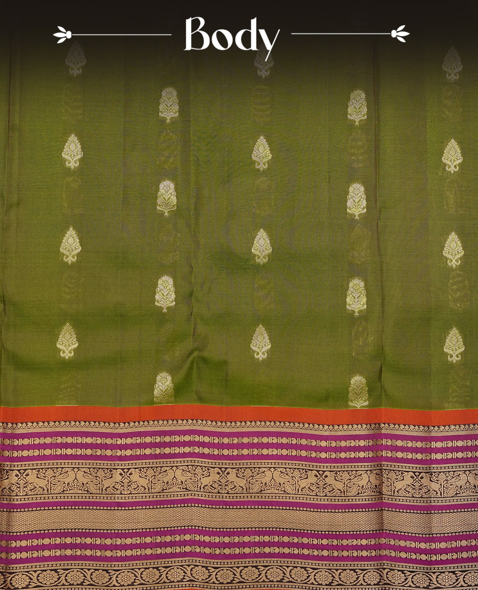 Olive colour Kancheepuram silk saree featuring Gold zari Motifs on body, complemented by Multicolour with Traditional border, comes with matching blouse piece.