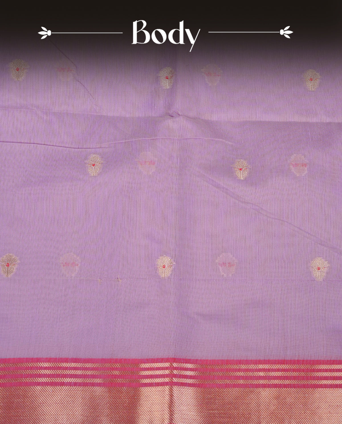 Lavender colour Maheshwari cotton saree, gold zari floral motifs on body, complement light pink colour gold zari border comes with matching blouse.