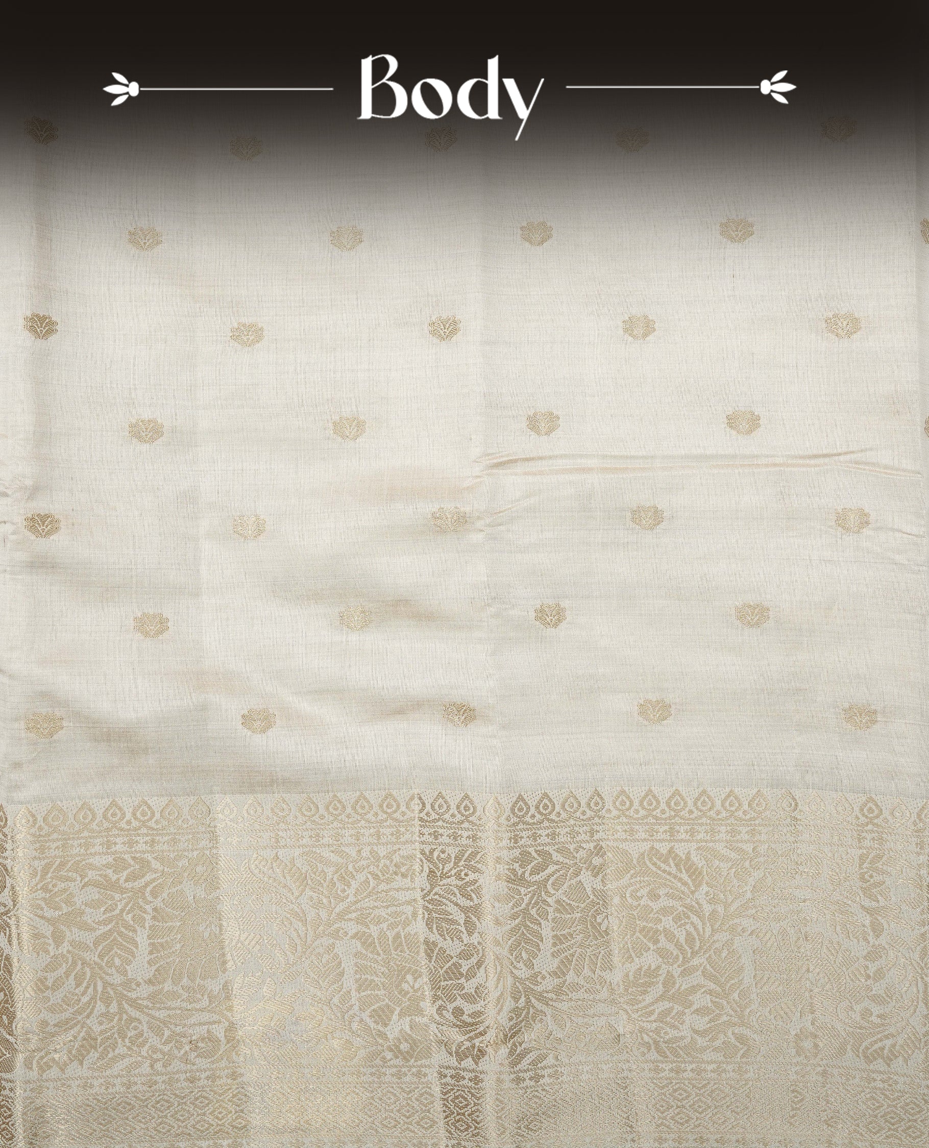 Off white gold Tussar saree featuring Gold zari buttas on body, complemented by self colour with traditional border, comes with matching blouse piece.